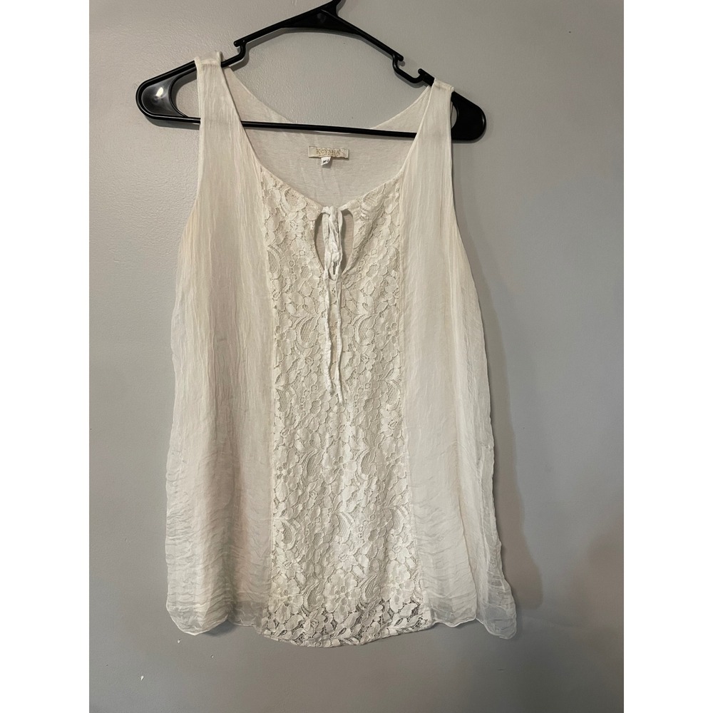 Keysha Made in Italy White 100% Silk Lace Front Keyhole Tie Tank Top Medium